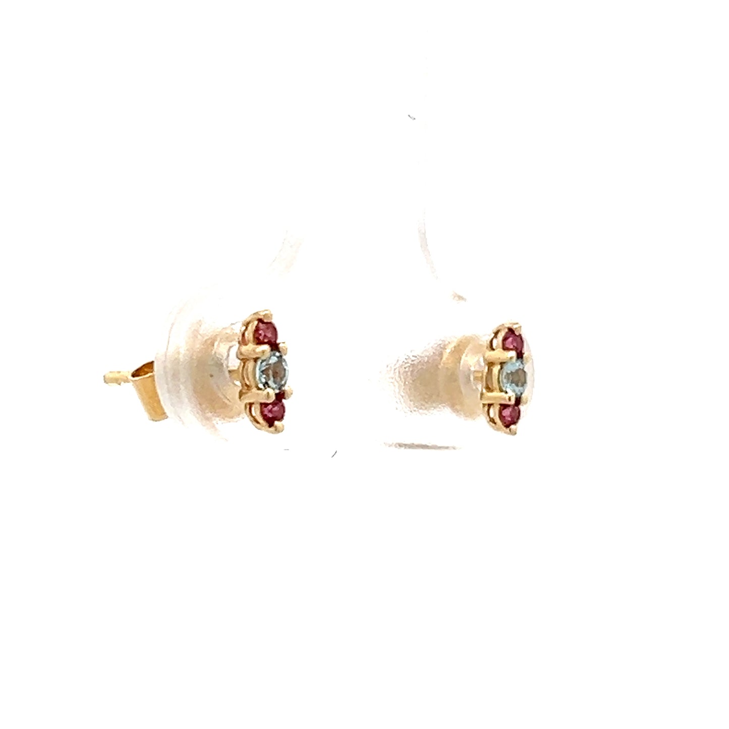 Blue Topaz & Garnet Stud Earrings in 14k Yellow Gold