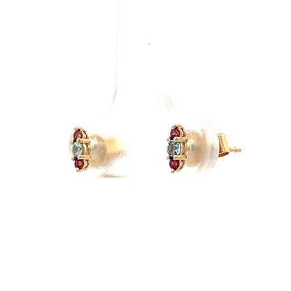 Blue Topaz & Garnet Stud Earrings in 14k Yellow Gold