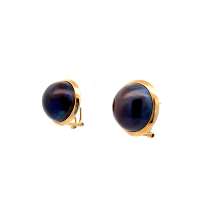 Grey Mabe Pearl Stud Earrings in 14k Yellow Gold