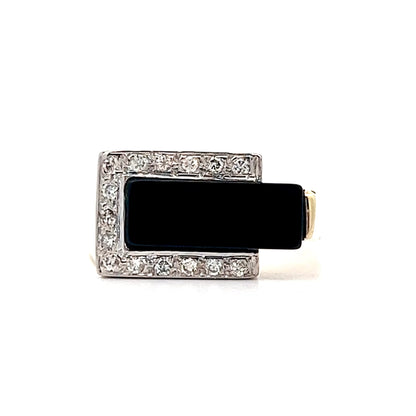 Modern Black Onyx and Diamond ring in 14k Yellow Gold