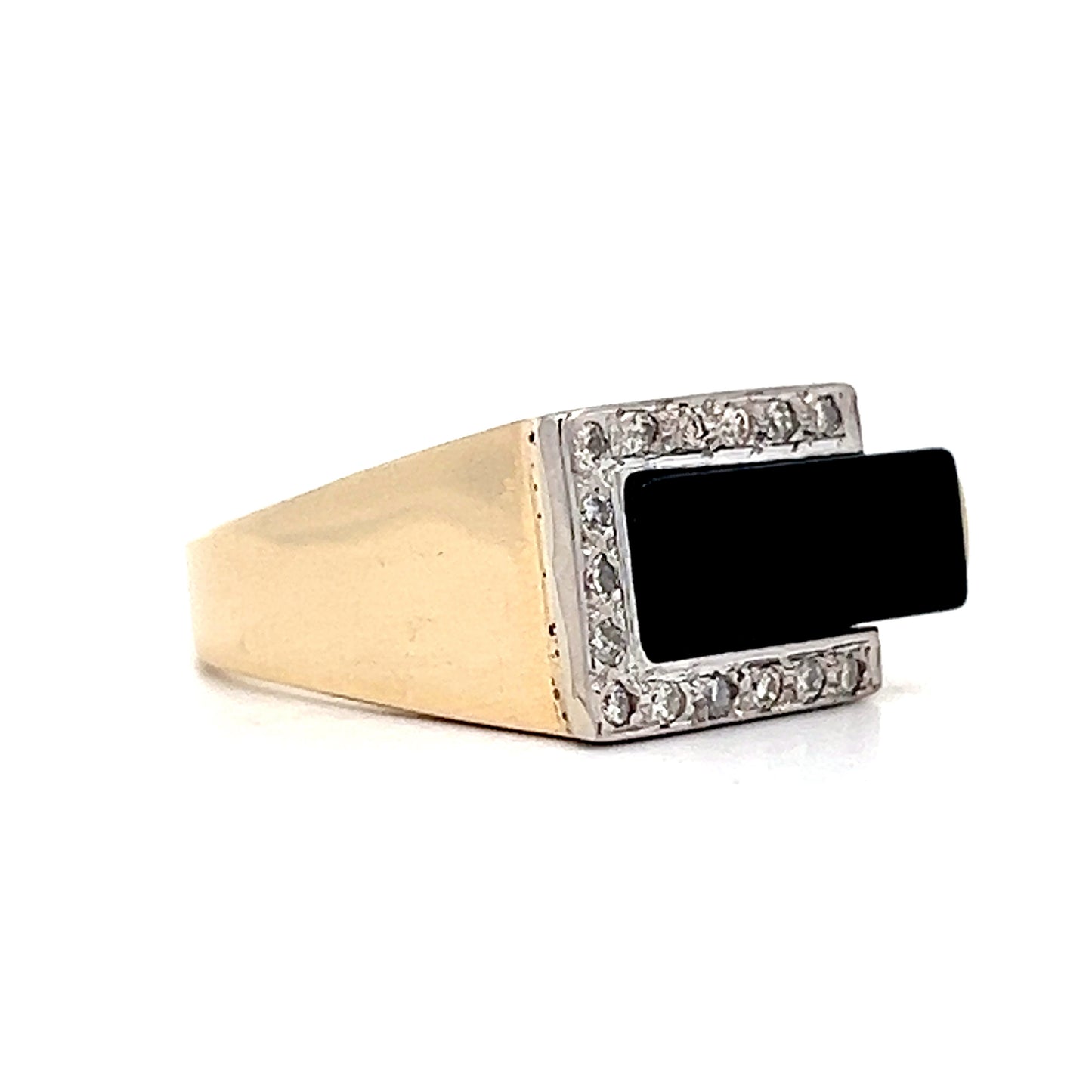 Modern Black Onyx and Diamond ring in 14k Yellow Gold