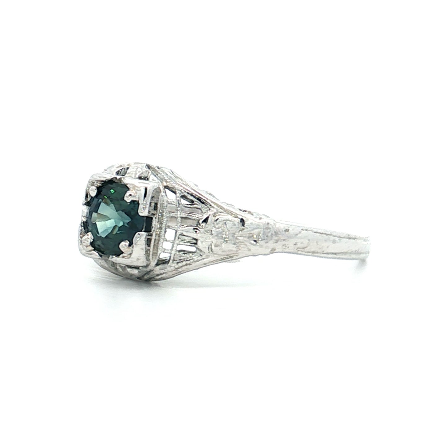 .72 Antique Art Deco Teal Sapphire Engagement Ring 18k