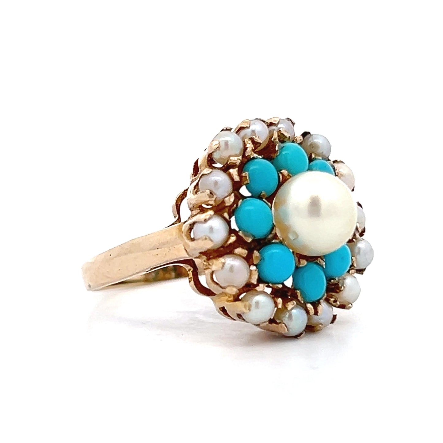 Victorian Antique Turquoise & Pearl Cocktail Ring in 14k