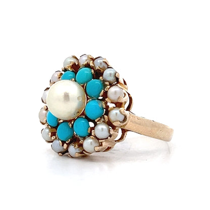 Victorian Antique Turquoise & Pearl Cocktail Ring in 14k
