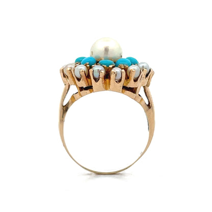 Victorian Antique Turquoise & Pearl Cocktail Ring in 14k