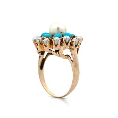 Victorian Antique Turquoise & Pearl Cocktail Ring in 14k