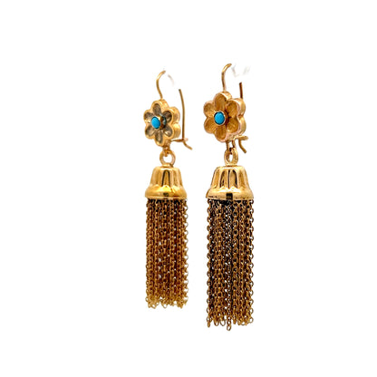 Vintage 1950's Turquoise Tassel Earrings in 14k