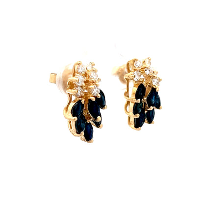 Diamond & Sapphire Cluster Stud Earrings 14k Yellow Gold