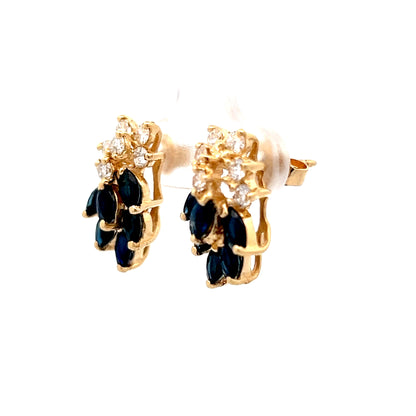 Diamond & Sapphire Cluster Stud Earrings 14k Yellow Gold