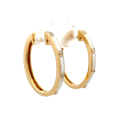 .10 White Enamel & Diamond Hoop Earrings in 14k