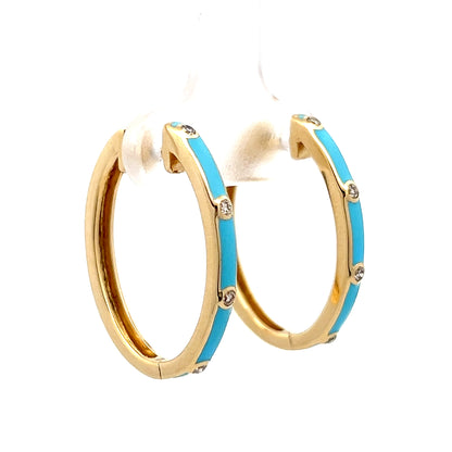 .10 Blue Enamel & Diamond Hoop Earrings in 14k