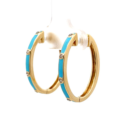 .10 Blue Enamel & Diamond Hoop Earrings in 14k