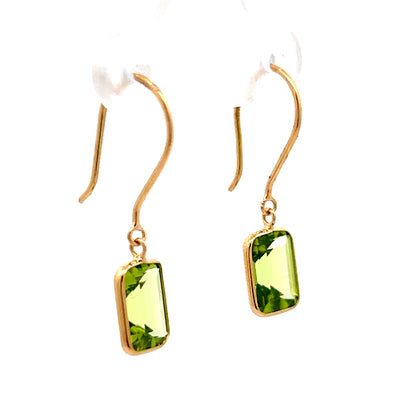 3.15 Emerald Cut Peridot Drop Earrings in 18k