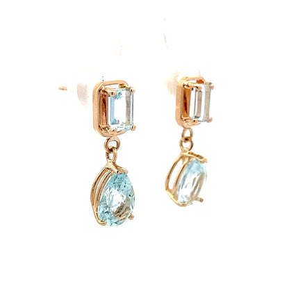 2.86 Pear & Emerald Cut Aquamarine Dangle Earrings 14k