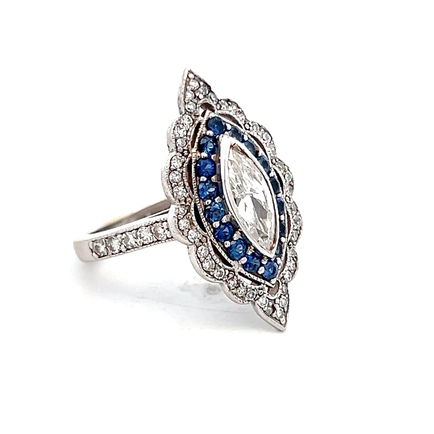 1.15 Marquise & Sapphire Navette Cocktail Ring 14k