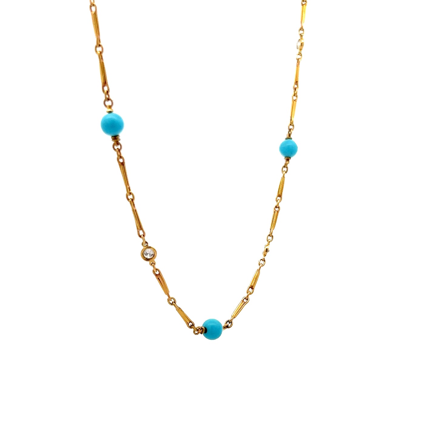 22 Inch Turquoise & Diamond Necklace in 18k Yellow Gold