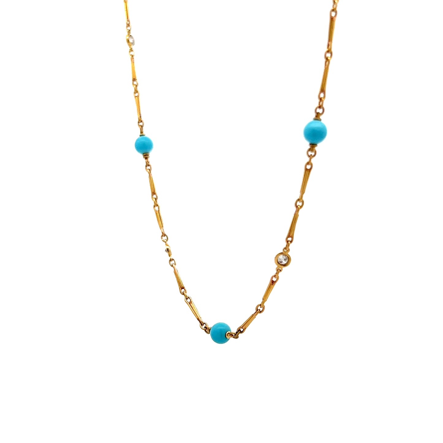 22 Inch Turquoise & Diamond Necklace in 18k Yellow Gold