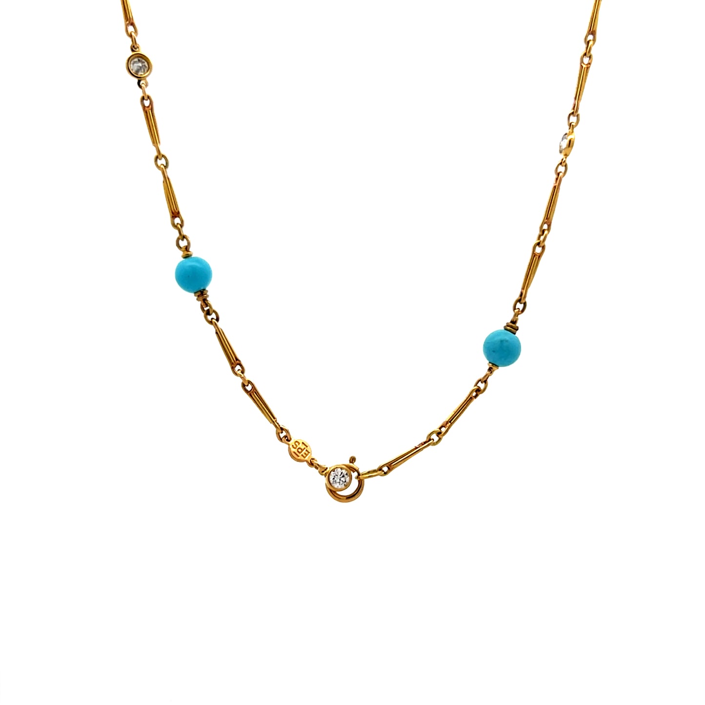 22 Inch Turquoise & Diamond Necklace in 18k Yellow Gold