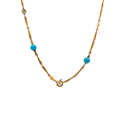 22 Inch Turquoise & Diamond Necklace in 18k Yellow Gold