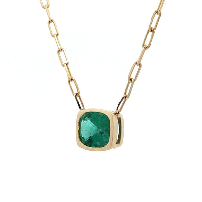 3.43 Cushion Emerald Pendant Necklace 14k Yellow Gold