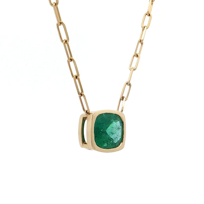 3.43 Cushion Emerald Pendant Necklace 14k Yellow Gold
