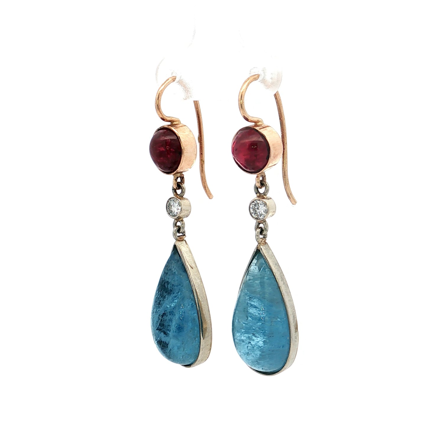 21.94 Aquamarine, Ruby, Diamond Dangle Earrings 14k