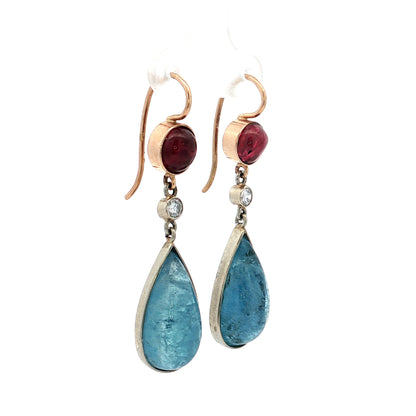 21.94 Aquamarine, Ruby, Diamond Dangle Earrings 14k