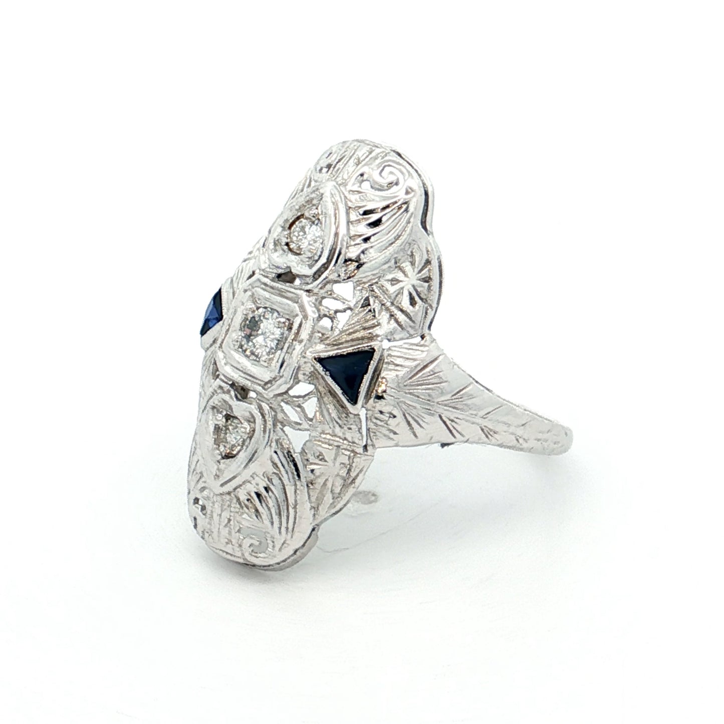 .18 Antique Deco Diamond & Sapphire Navette Ring 18k