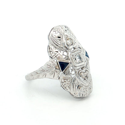 .18 Antique Deco Diamond & Sapphire Navette Ring 18k