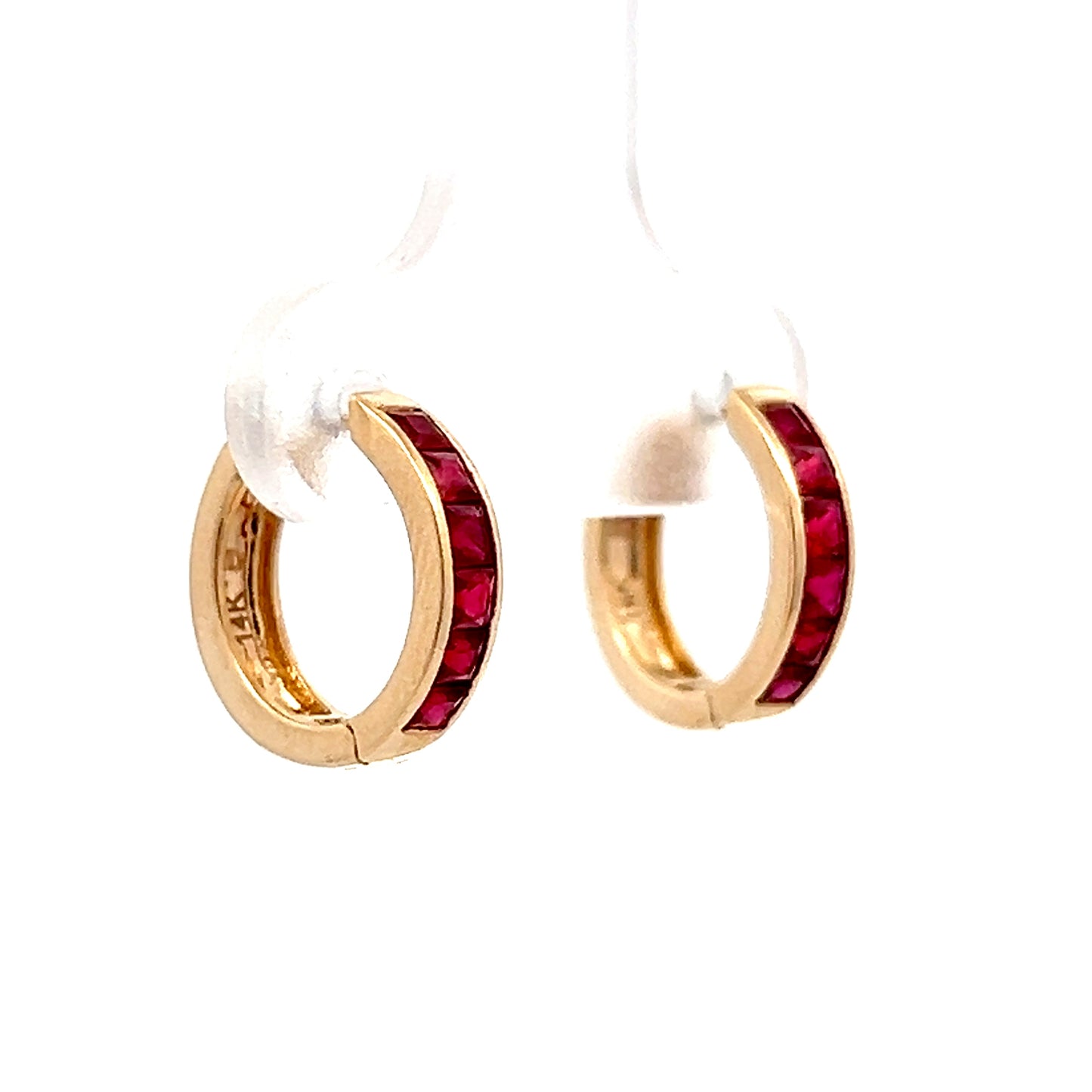 .60 French Cut Ruby Hoop Earrings in 14k Yellow Gold