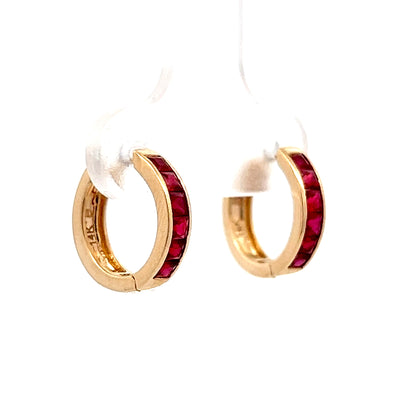 .60 French Cut Ruby Hoop Earrings in 14k Yellow Gold