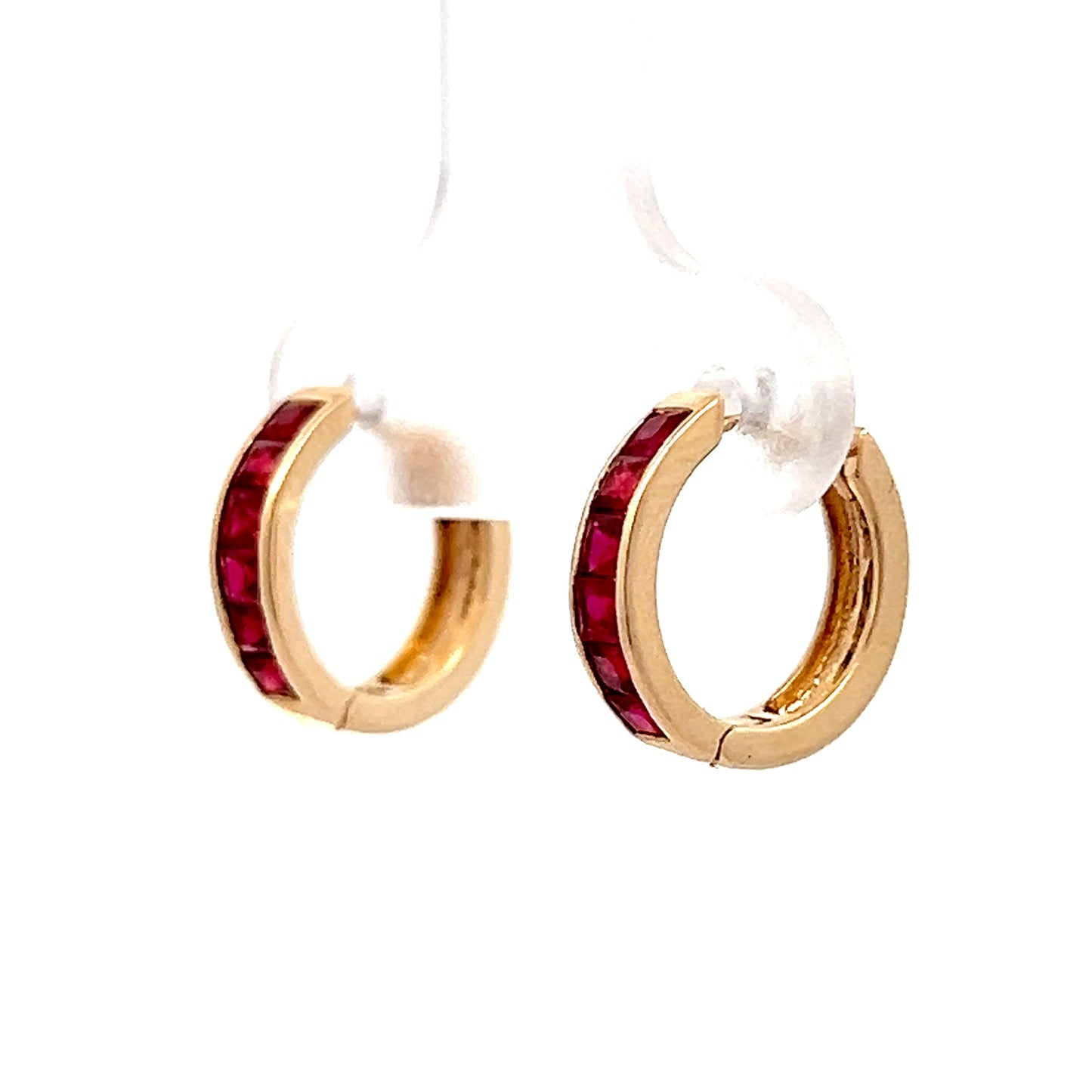 .60 French Cut Ruby Hoop Earrings in 14k Yellow Gold