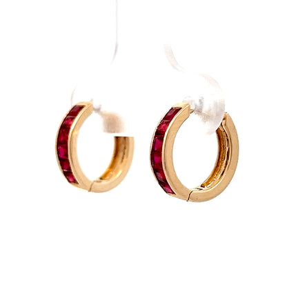 .60 French Cut Ruby Hoop Earrings in 14k Yellow Gold
