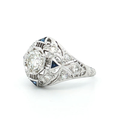 1.03 Art Deco Diamond & Sapphire Engagement Ring 14k