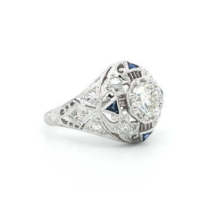 1.03 Art Deco Diamond & Sapphire Engagement Ring 14k