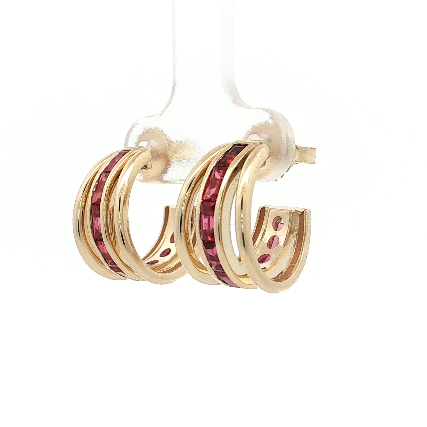 2.40 Square Ruby Triple Hoop Earrings 14k Yellow Gold