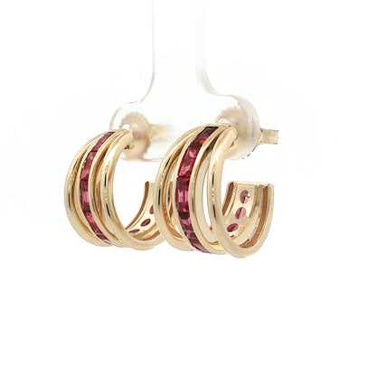 2.40 Square Ruby Triple Hoop Earrings 14k Yellow Gold