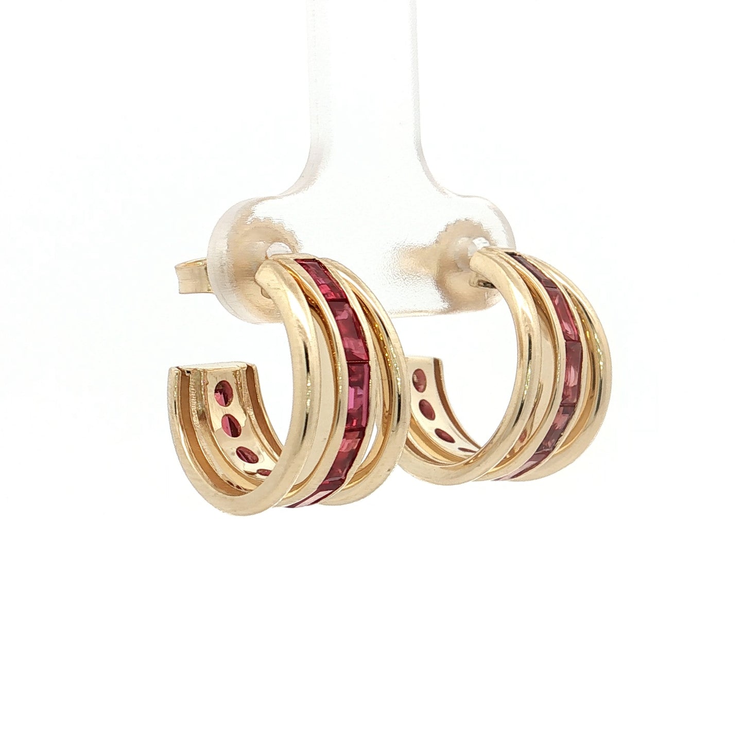 2.40 Square Ruby Triple Hoop Earrings 14k Yellow Gold