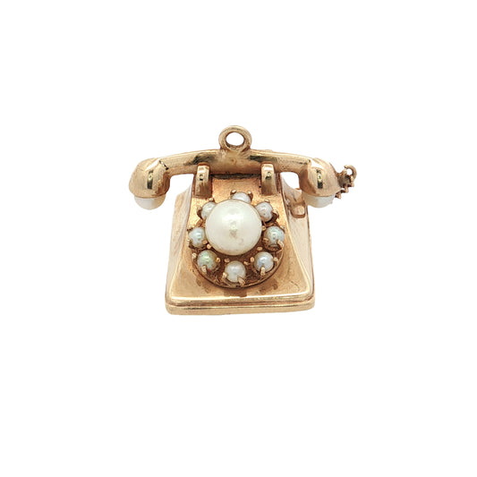 Vintage Mid-Century Pearl Rotary Phone Charm 14K Yellow Gold