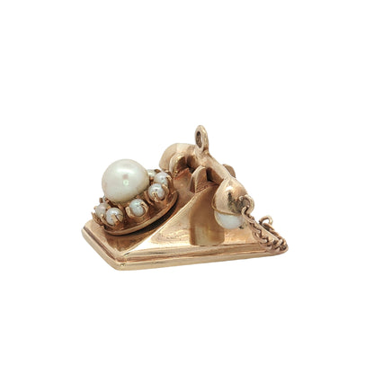 Vintage Mid-Century Pearl Rotary Phone Charm 14K Yellow Gold