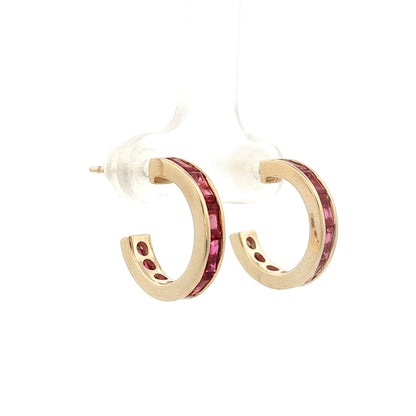 2.05 Baguette Ruby Hoop Earrings in 14k Yellow Gold