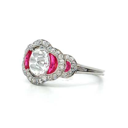.75 Rose Cut Diamond & Ruby Engagement Ring Platinum