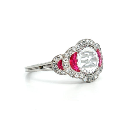 .75 Rose Cut Diamond & Ruby Engagement Ring Platinum