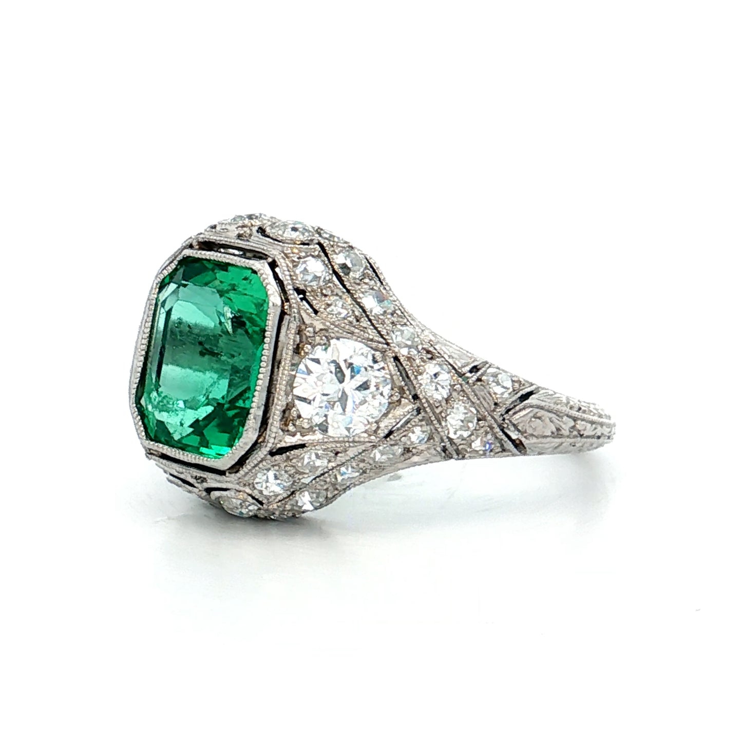 1.90 Antique Colombian Emerald & Diamond Ring Platinum