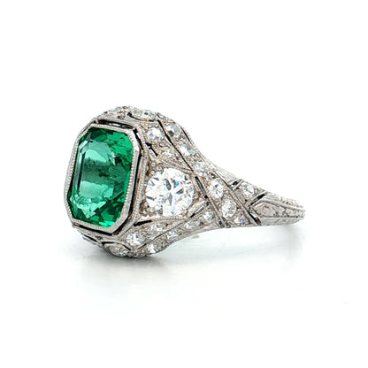 1.90 Antique Colombian Emerald & Diamond Ring Platinum