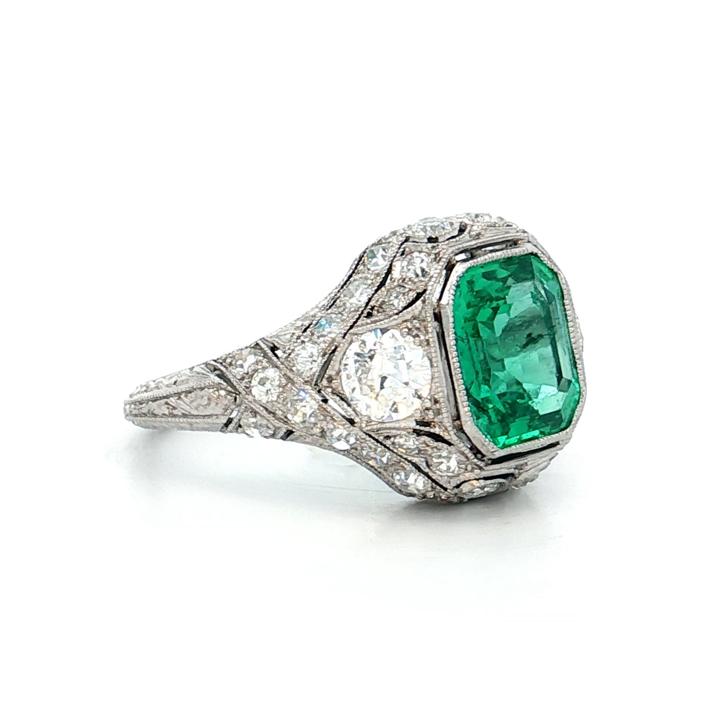 1.90 Antique Colombian Emerald & Diamond Ring Platinum