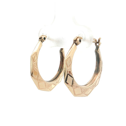 Geometric Engraved Hoop Earrings 14k Yellow Gold