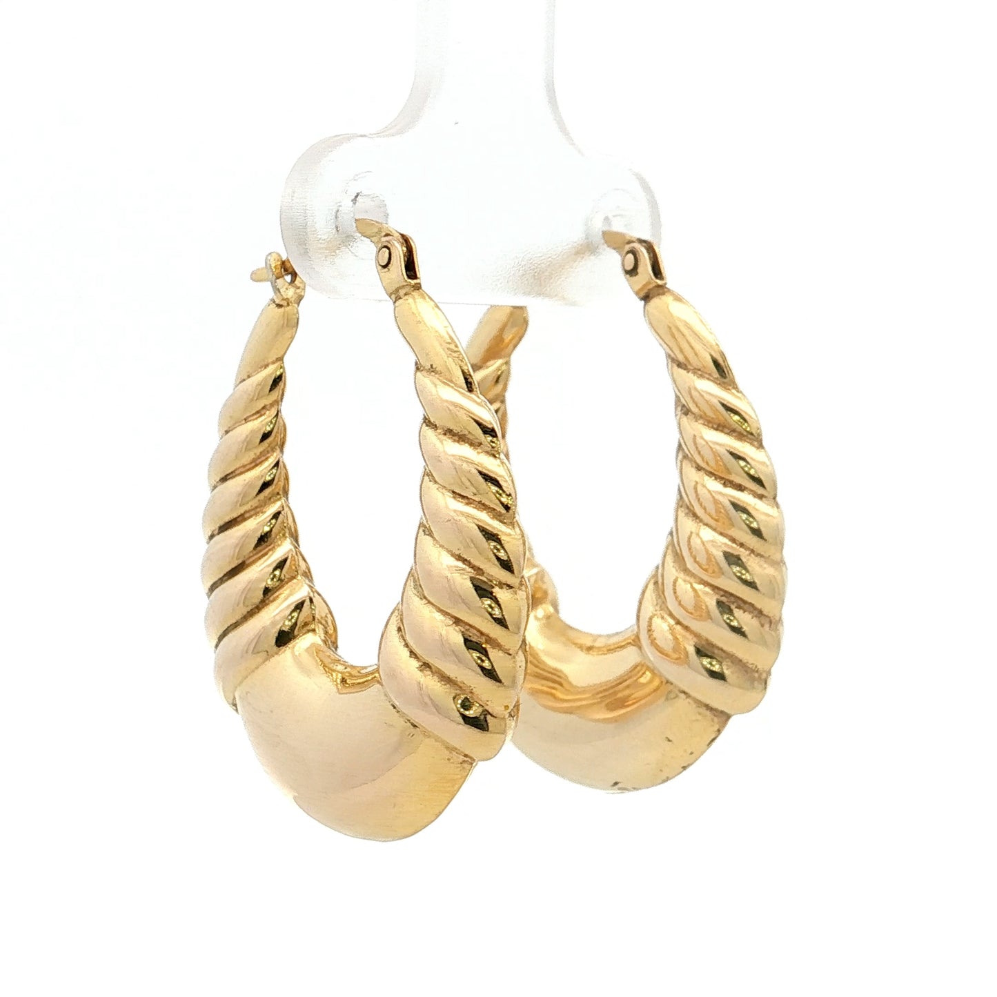 Oval Bubble Ridged Hoop Earrings 14k Yellow Gold