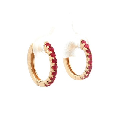 .64 French Set Ruby Hoop Earrings 14k Yellow Gold