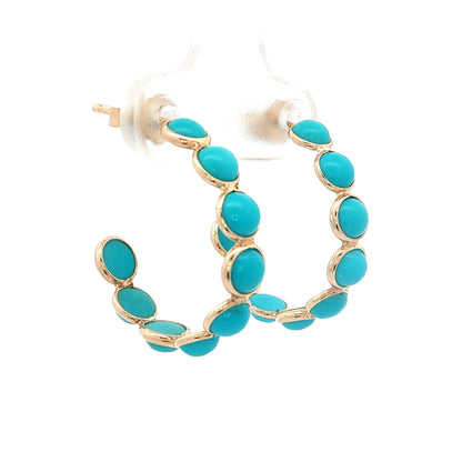 4.66 Bezel Cabochon Turquoise Hoop Earrings 14k